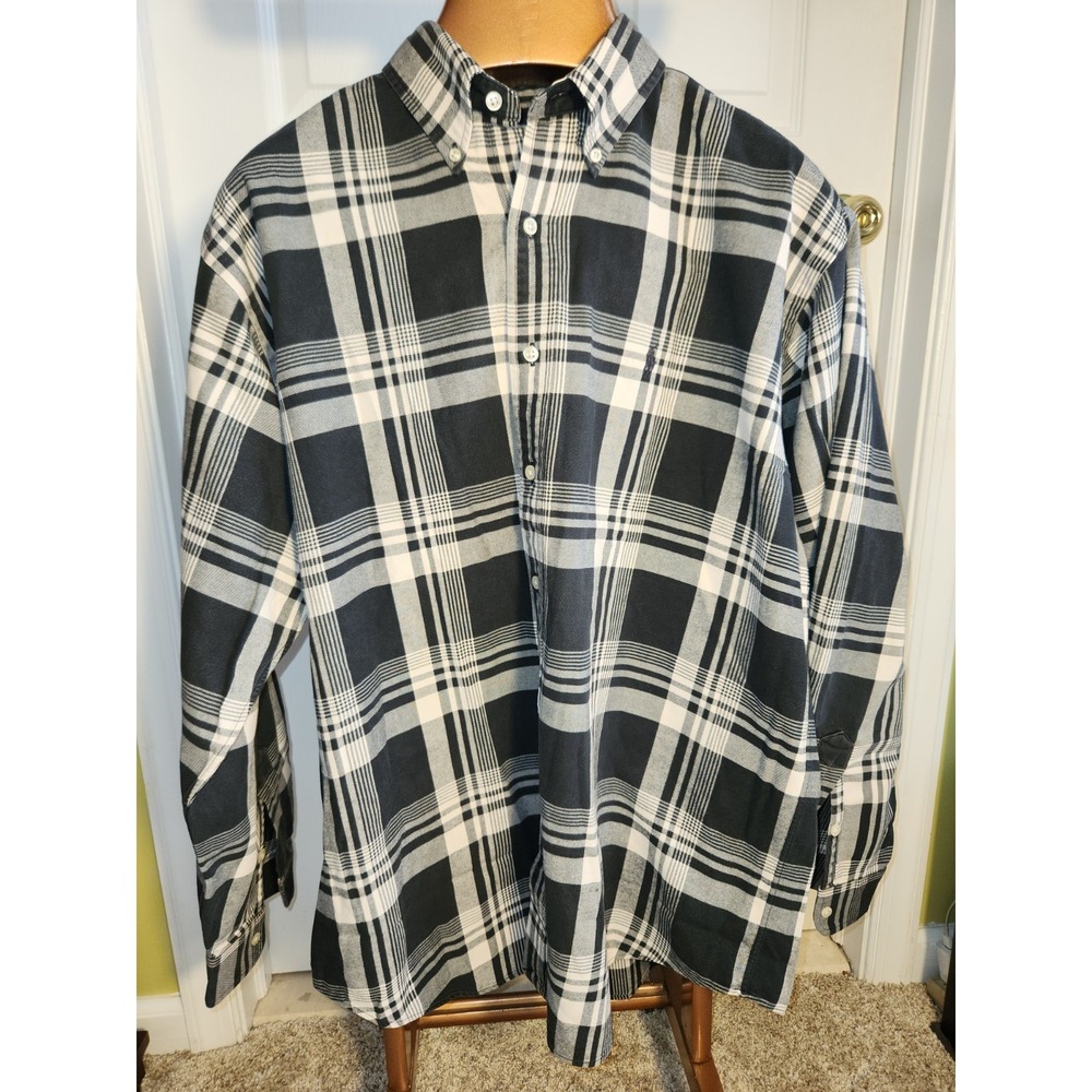 Ralph Lauren Shirt Mens Large Blake Lt Flannel Tartan Plaid Black White Sz L